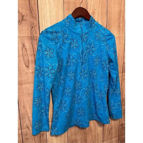 L.L. Bean M Blue Floral Outdoor Hiking Athletic Athleisure 1/4 Zip Top - Picture 2 of 5